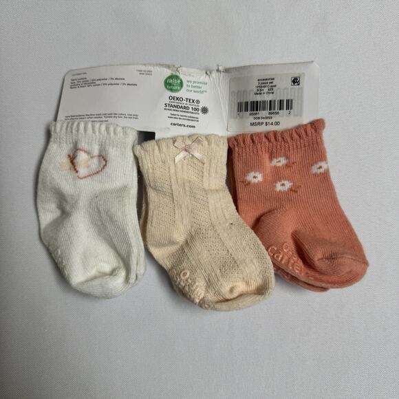 Carter's Baby Girl Socks 3 pair Size 0-3 Months Coral, Peach, White - Picture 4 of 7